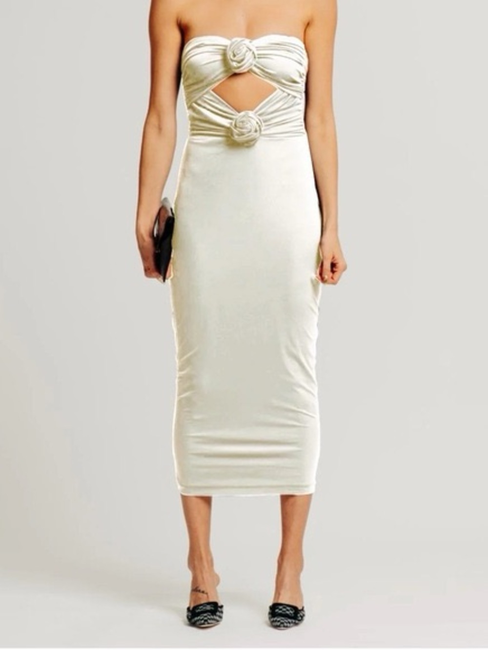 TORN BY RONNY KOBO Strapless Ivory Midi Dress with Rosette Accents